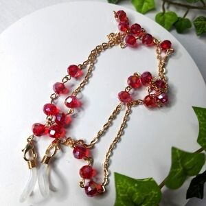 Gold with Red AB Crystal Bead Multi Use Chain Mask Eyeglass or ID Holder New